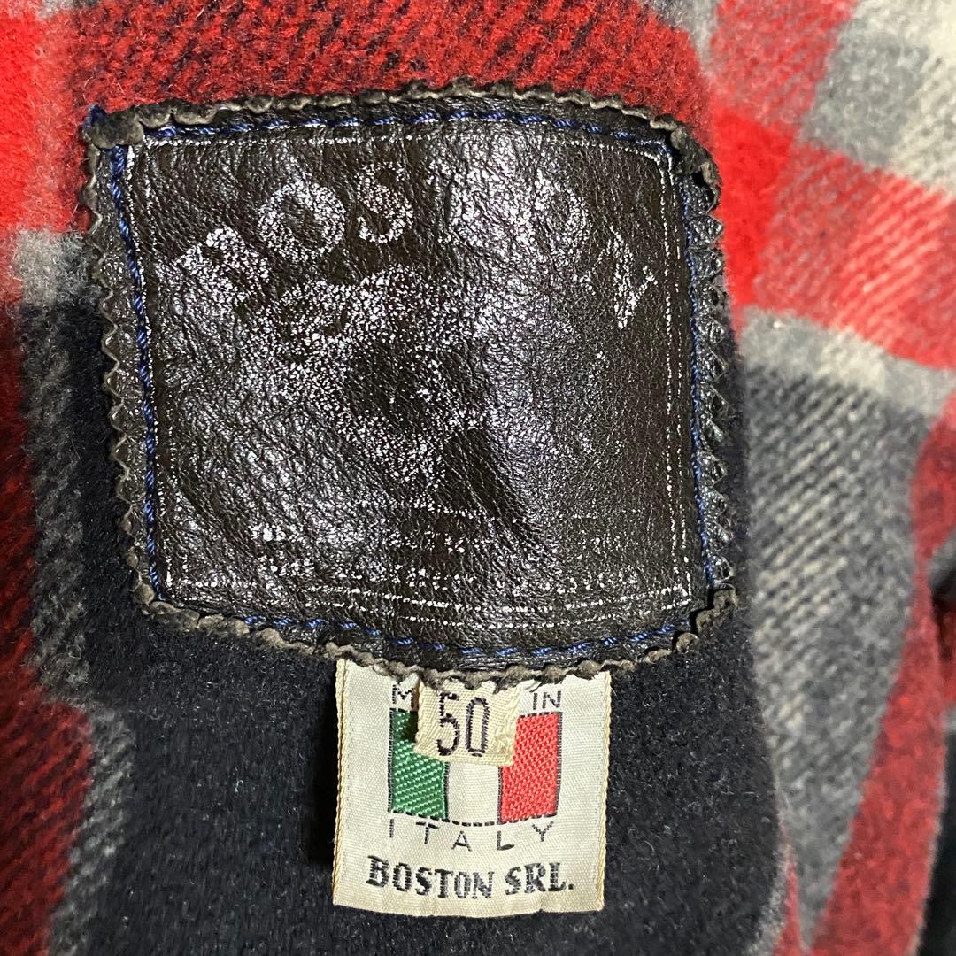 イタリア製 Boston レザー フライトジャケット 黒 襟ムートン 裏チェック