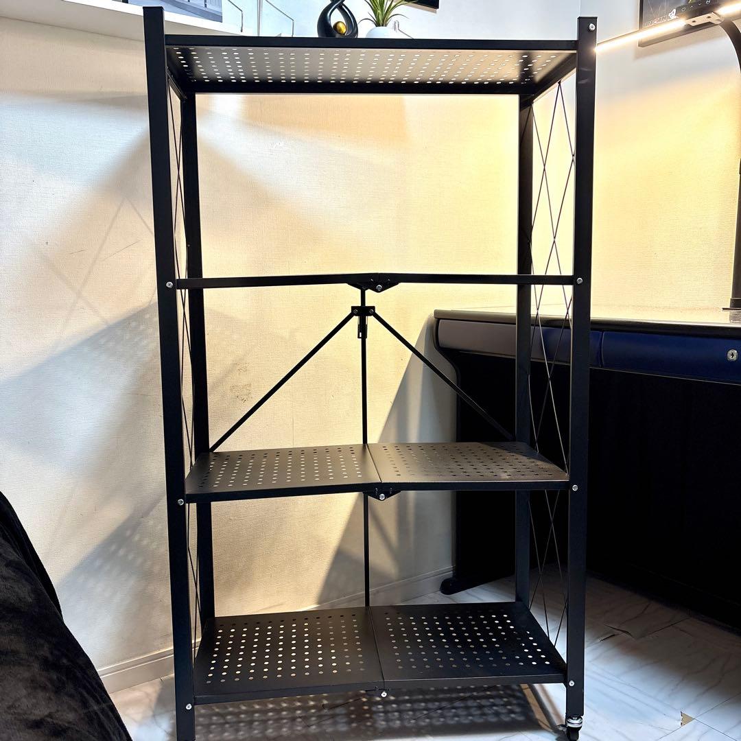 《 美品 》折りたたみラック 黒 キャスター付き 防錆 収納棚