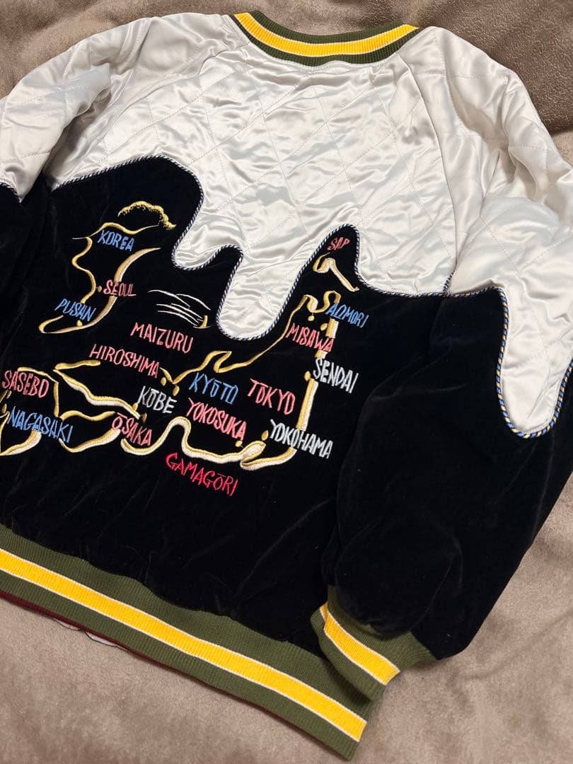 未使用 別珍 日本地図 鶴 スカジャン unisex 美品 サテン