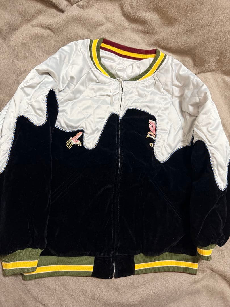 未使用 別珍 日本地図 鶴 スカジャン unisex 美品 サテン
