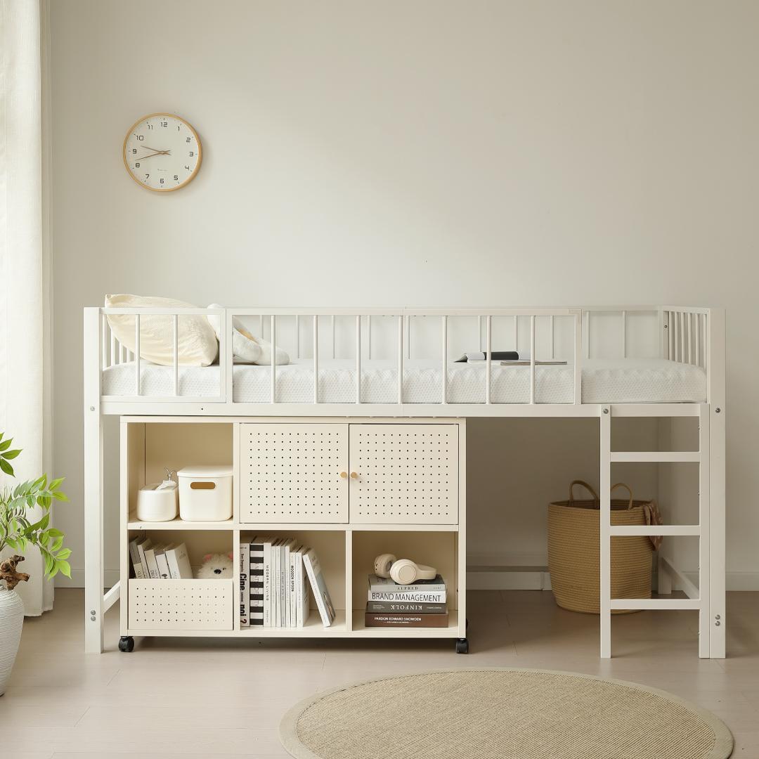 限定価格！新作ロフトベッド　左右入れ替え　省スペース　スチール製　WHITE