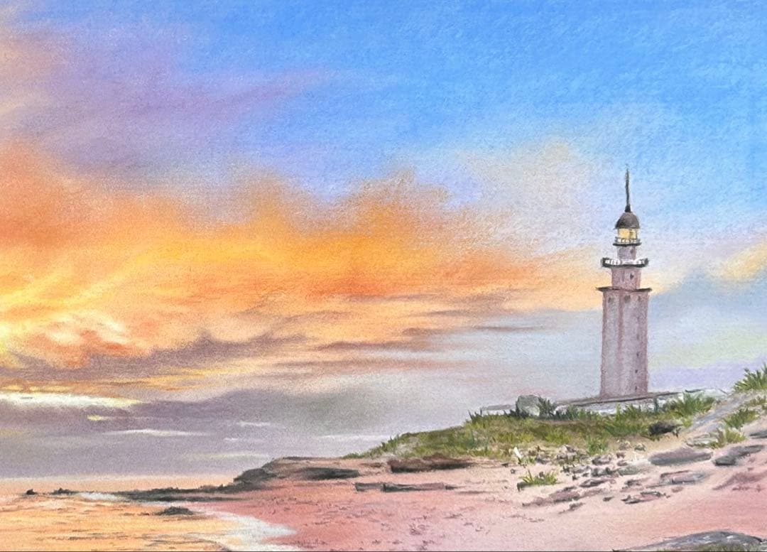 夕陽に輝く海 パステル画 原画