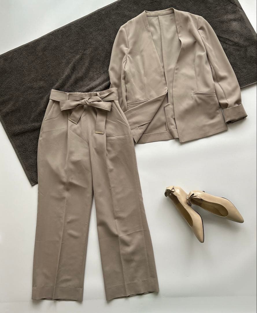 極美品♡グリーンレーベルリラクシング　ノーカラー　ワイドパンツ　ウエストリボン