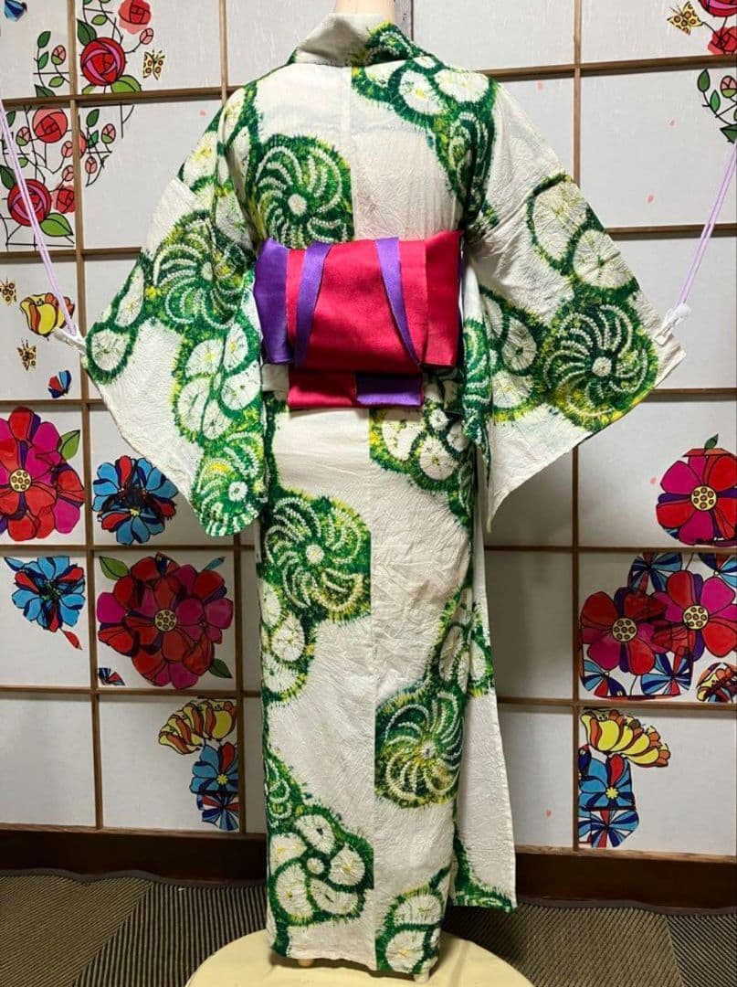 有松鳴海総絞り浴衣、身丈150cmグリーン系