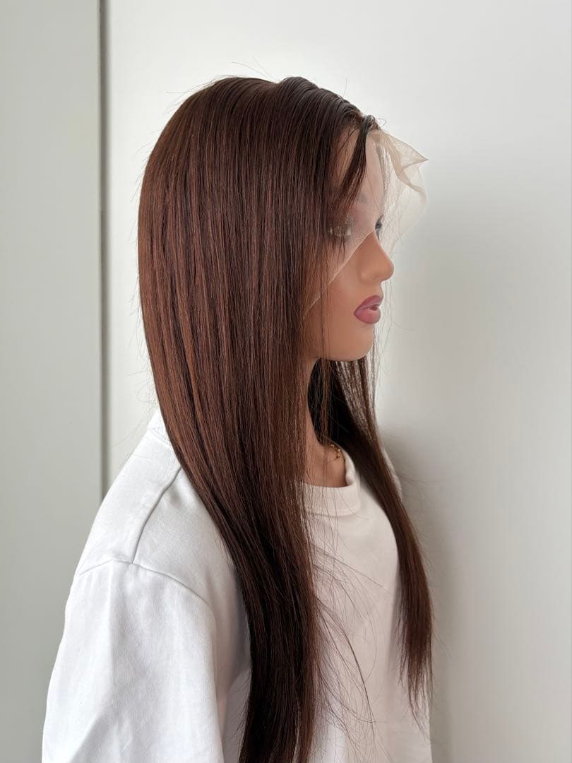 【新品】人毛100%フルウィッグ｜マロンブラウン①｜自然なもみあげ｜ロング