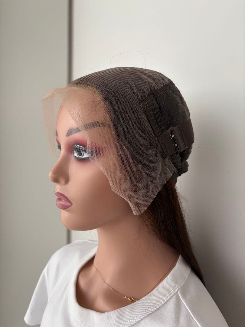 【新品】人毛100%フルウィッグ｜マロンブラウン①｜自然なもみあげ｜ロング