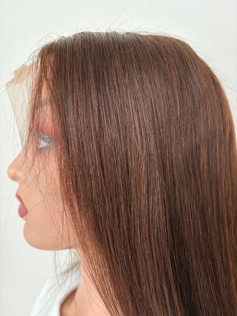 【新品】人毛100%フルウィッグ｜マロンブラウン①｜自然なもみあげ｜ロング