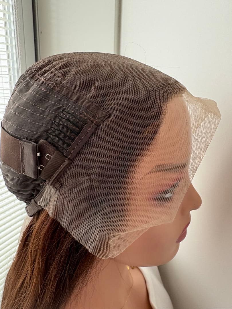 【新品】人毛100%フルウィッグ｜マロンブラウン①｜自然なもみあげ｜ロング