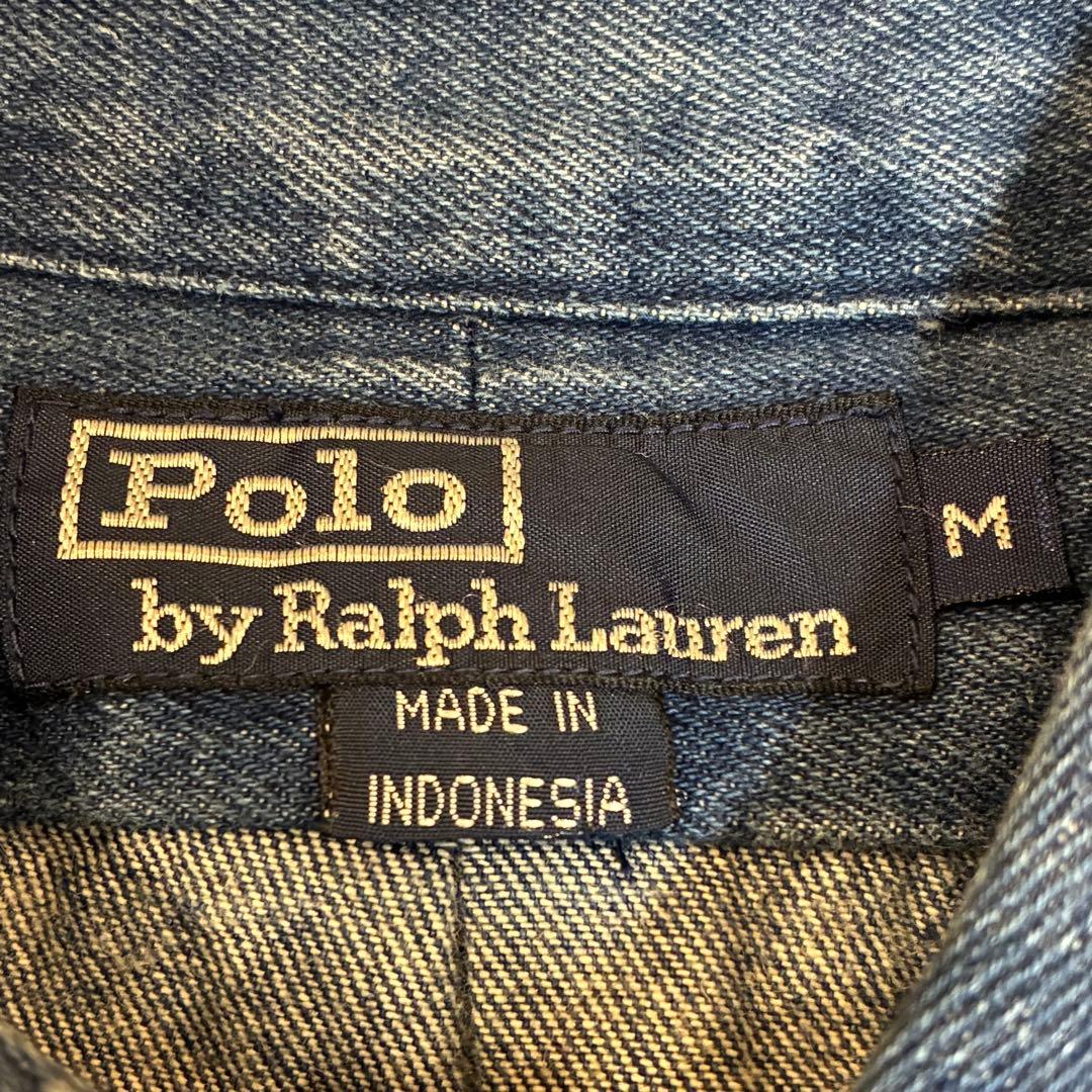 90s ラルフローレン デニムシャツ 長袖 赤ポニー 刺繍ロゴ M ヴィンテージ