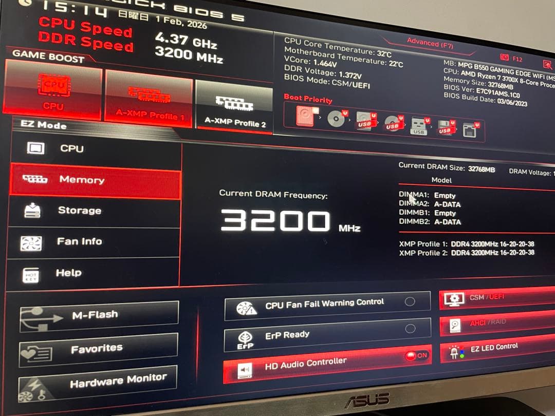 XPG ddr4-3200 32GB（16GB×2）