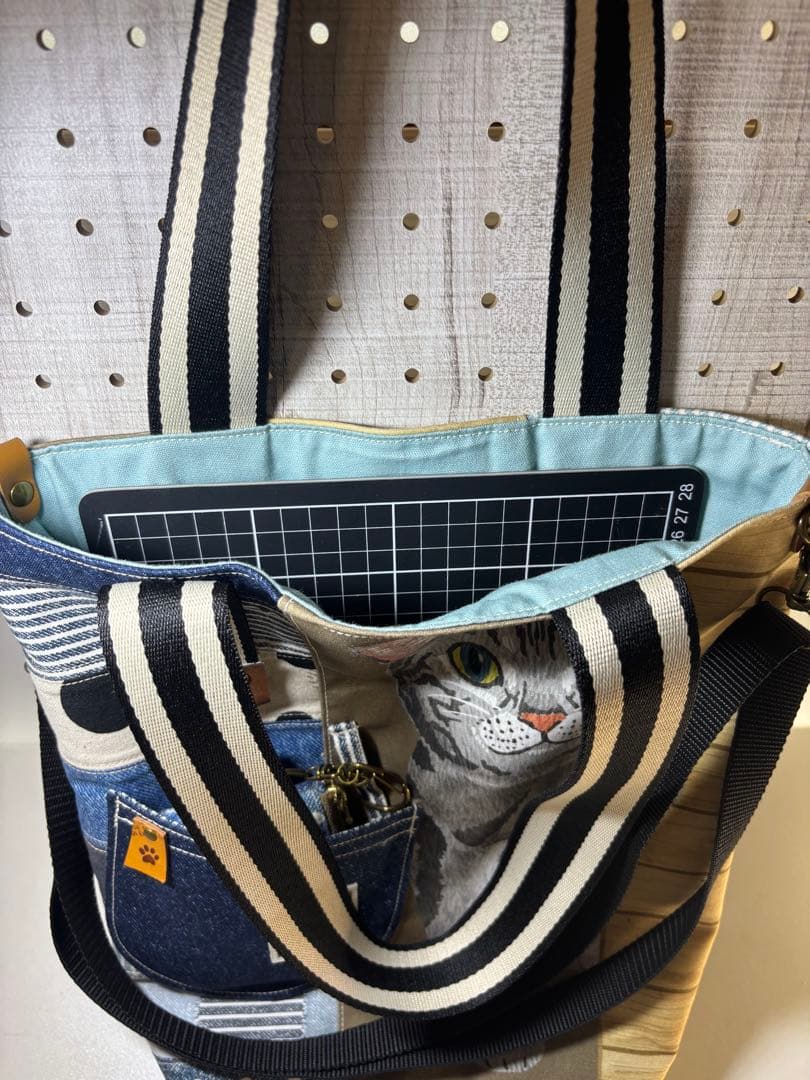 I*様 ひょっこり猫ちゃんのデニム風パッチワーク★トートバッグ＆キーケース　サコ