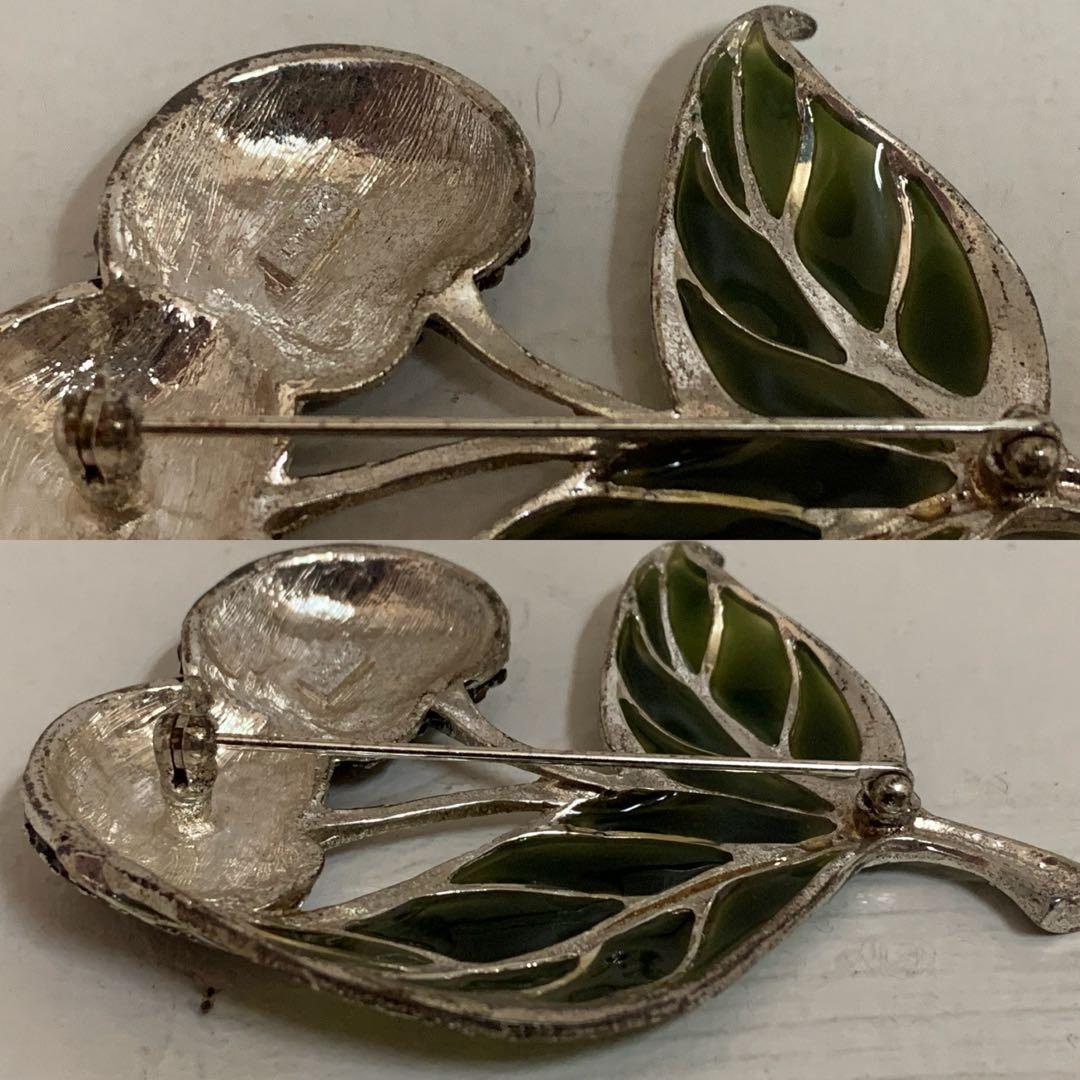 MONET VINTAGE チェリー リーフモチーフ ストーン装飾 ピンブローチ