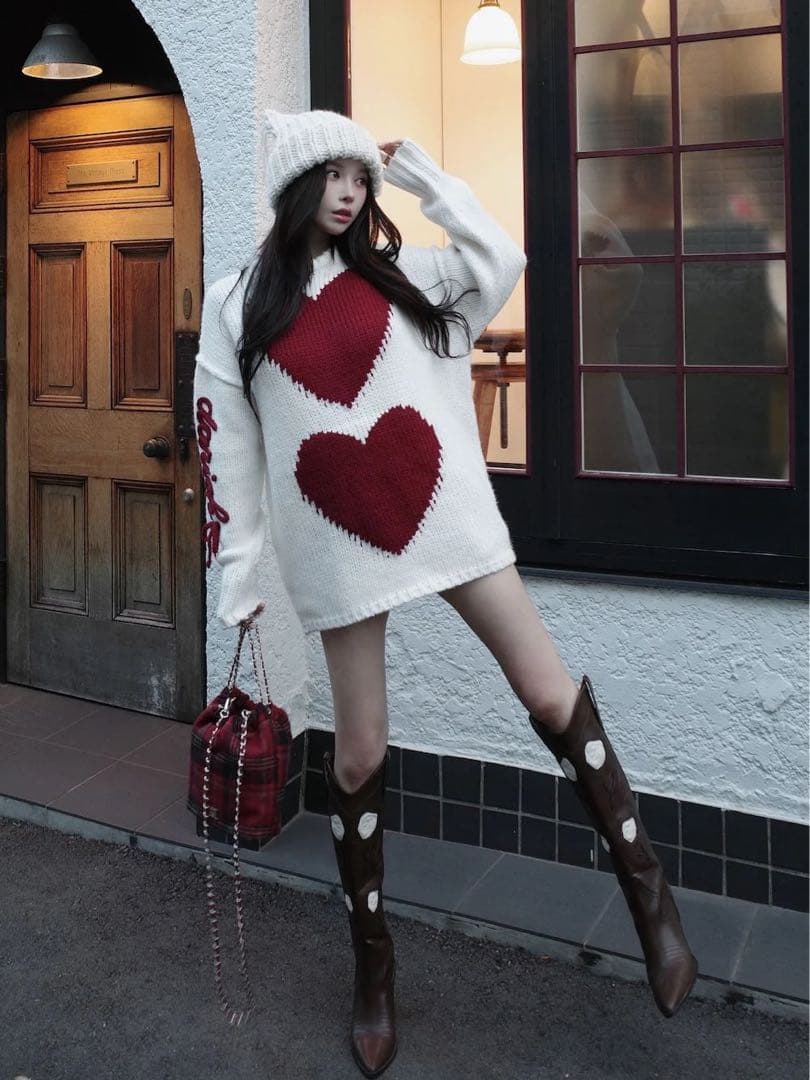 Darich ハートロゴローゲージニットチュニック ホワイト