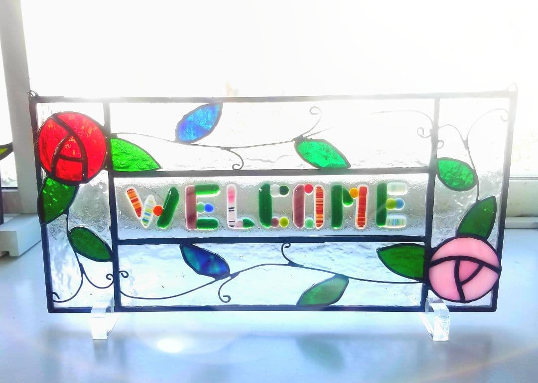 ステンドグラス　ローズモチーフのウェルカムボード(スタンド付き)