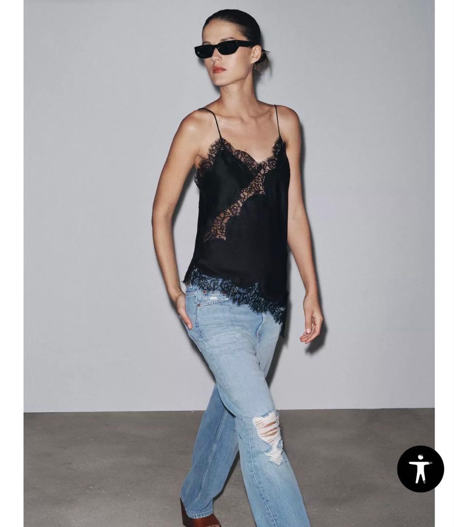 新品未使用ZARA ザラ レーストリムキャミソール ブラック　S