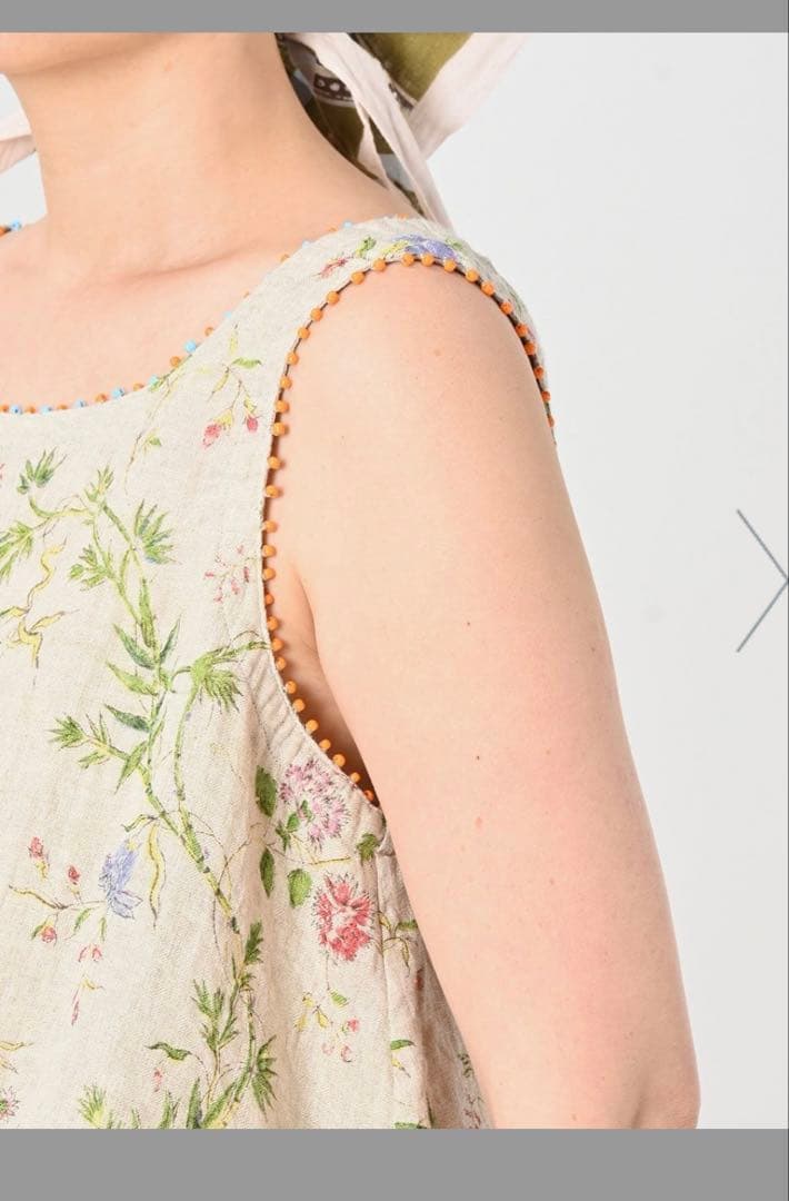 ４５R インド綿麻ダンガリー二重織フラワープリントのぽよんキャミソール