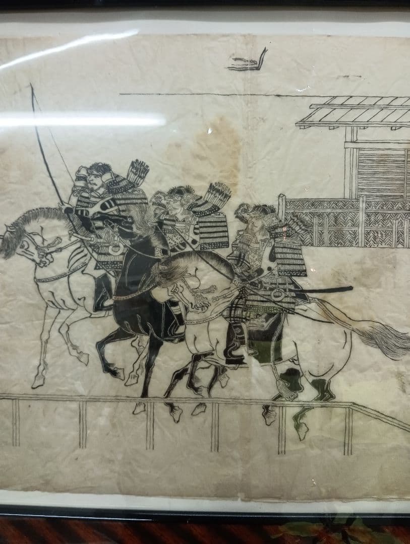 江戸時代後期幕末頃武家旧家蔵出馬上武者絵図古文書資料横幅４４Ｘ縦３２センチ額装品