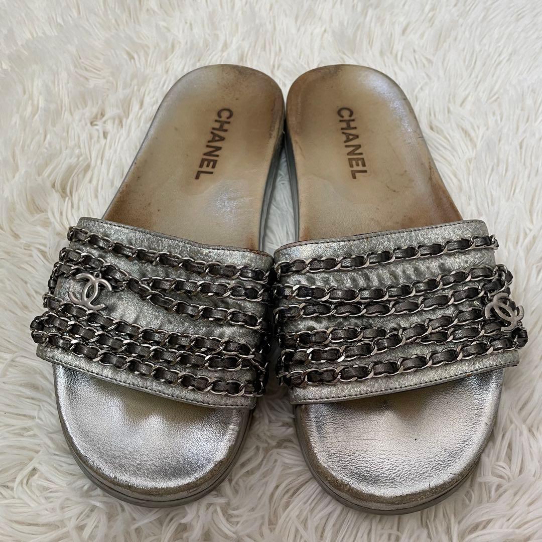 希少 シャネル ココマーク チェーン サンダル シルバー 39 レディース