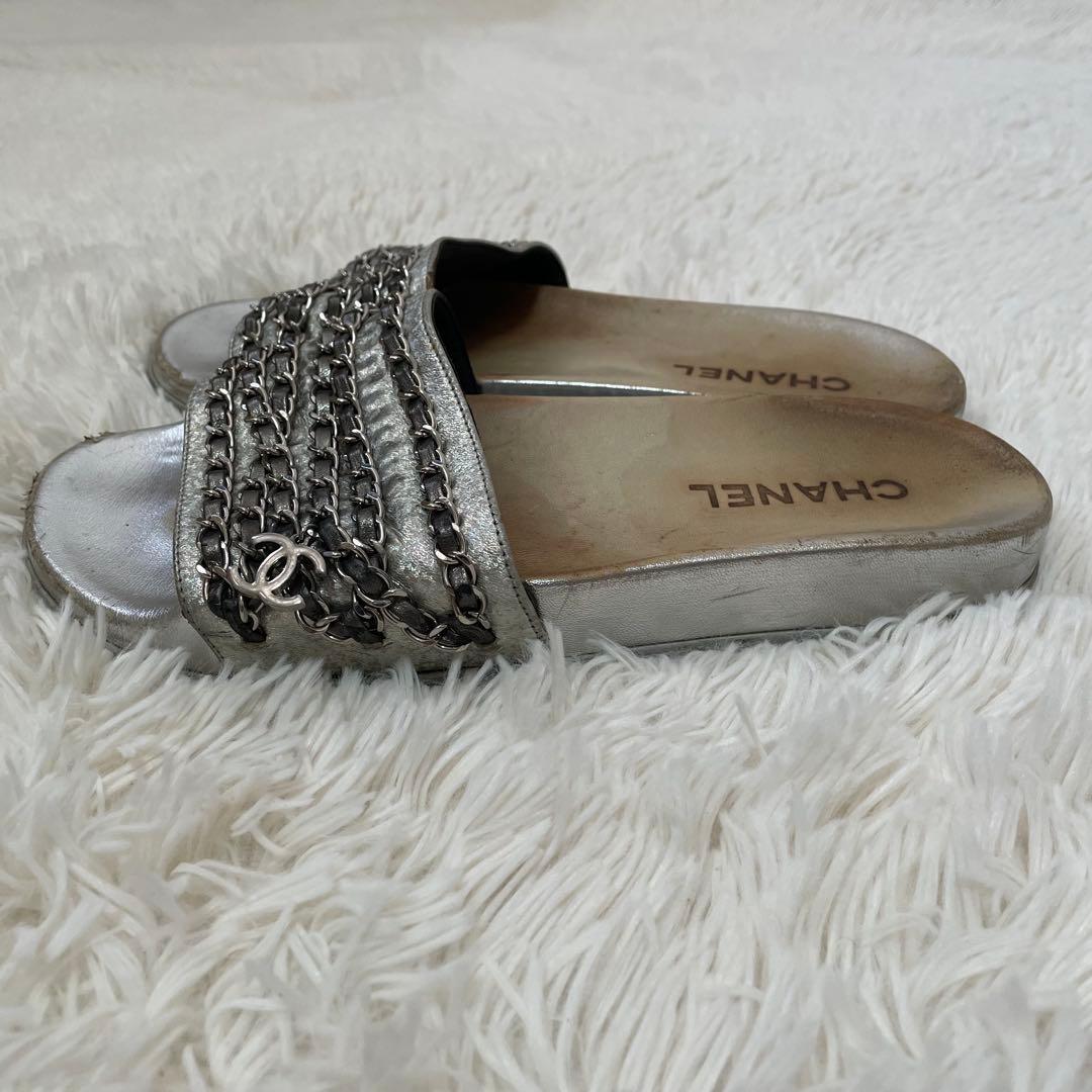 希少 シャネル ココマーク チェーン サンダル シルバー 39 レディース