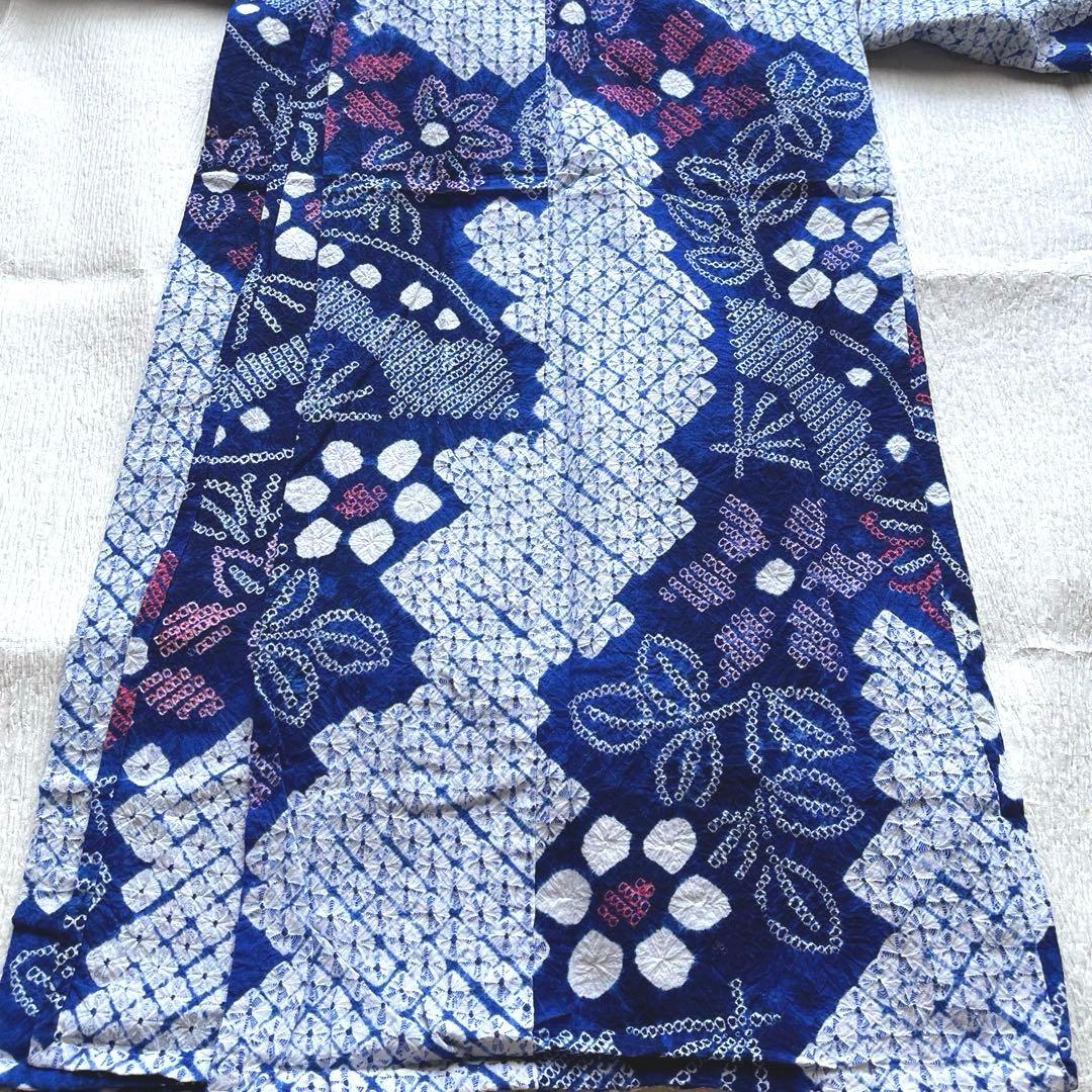 美品 絞り浴衣 有松鳴海 ブルー 手縫い 高級 トールサイズ