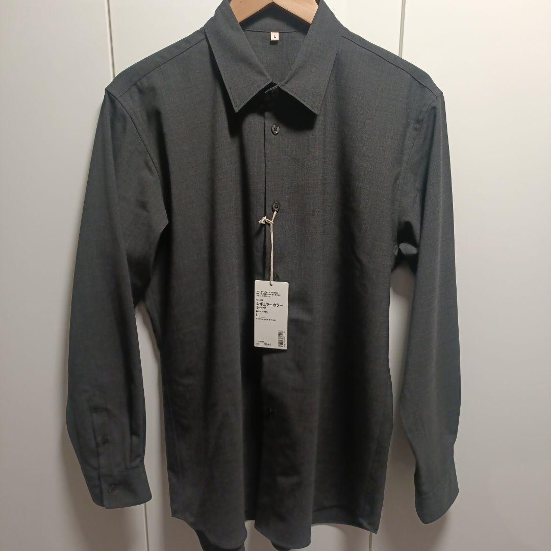 MUJI Labo 紳士 ウール混レギュラーカラーシャツ ダークグレー L