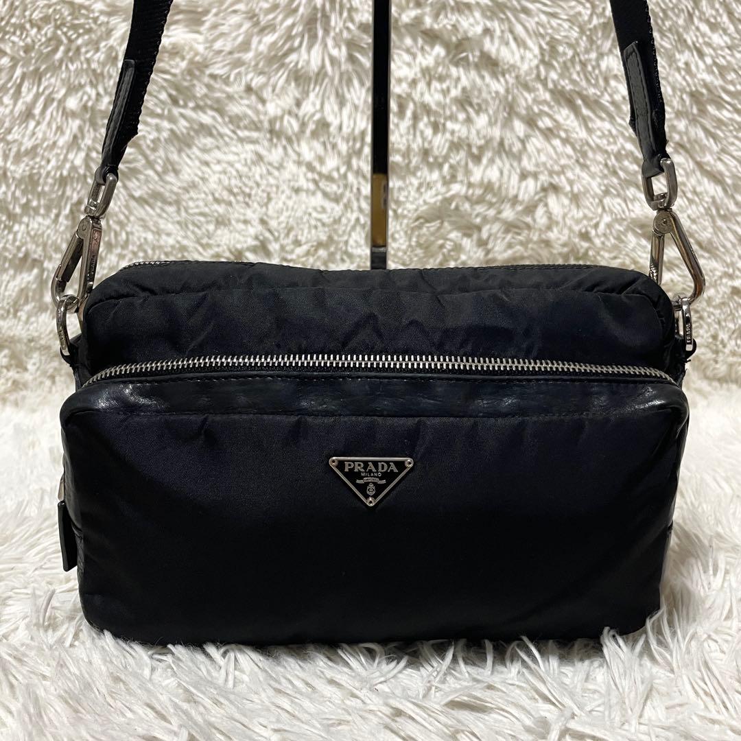 【美品】PRADA プラダ　カメラバッグ　ナイロン　レザー　ブラック　斜め掛け