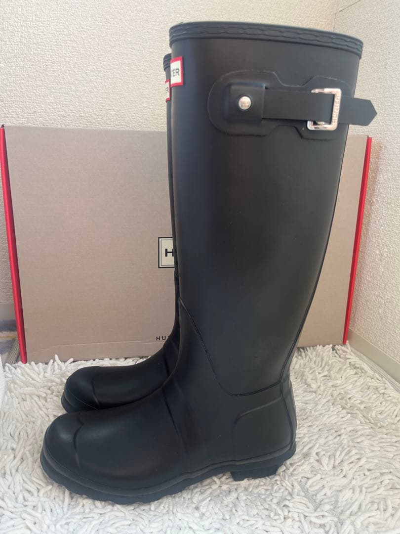 【もも】HUNTER レインブーツ 黒 24cm 1回使用 美品 箱あり