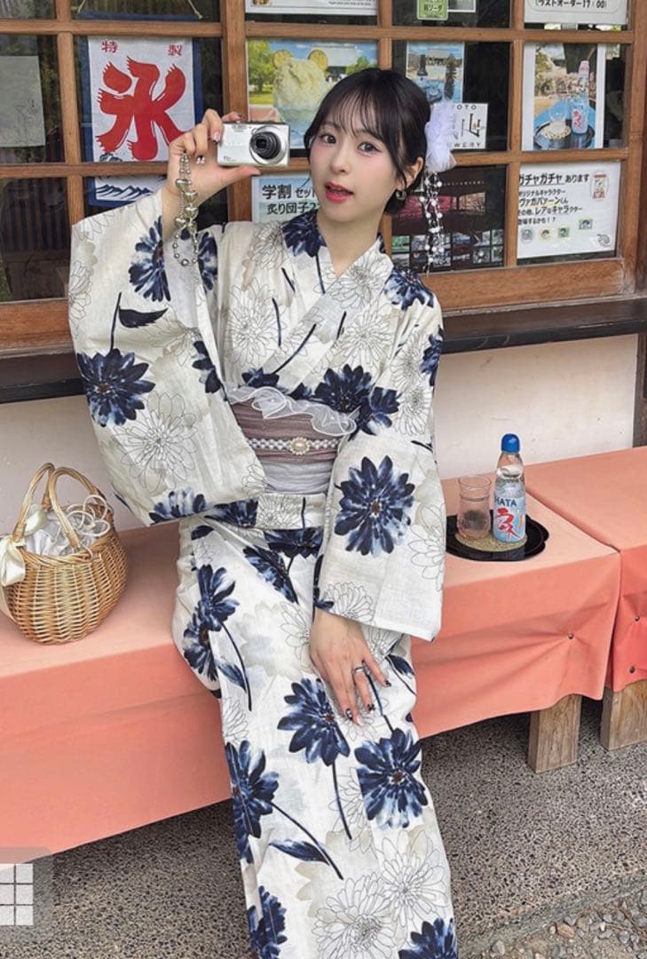 ◎GRL [tu1495] ガーベラ浴衣セット　浴衣と帯　2点　モノトーン　古典