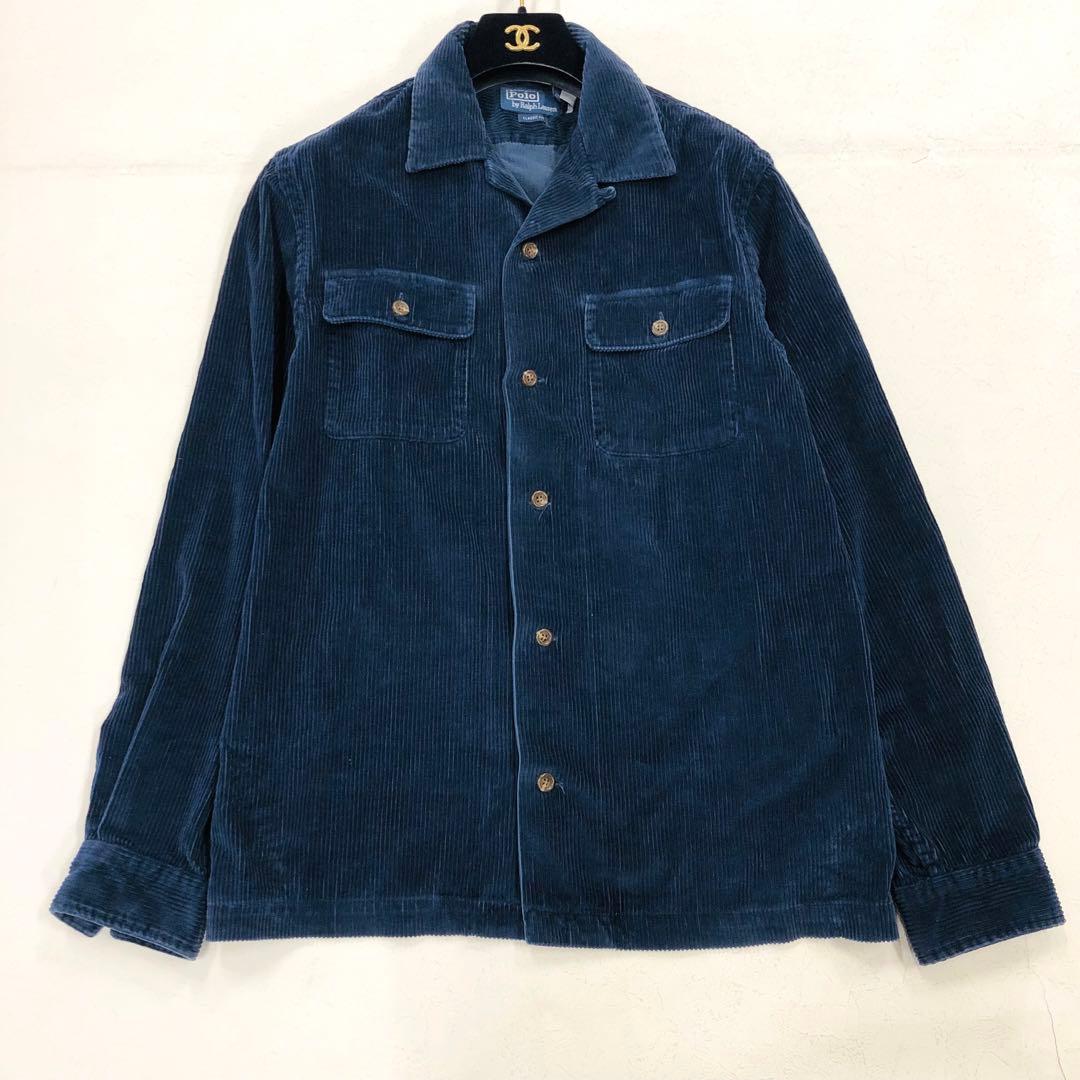 1557 ラルフローレン　コーデュロイ　シャツ　開襟　オープンカラー　ネイビー