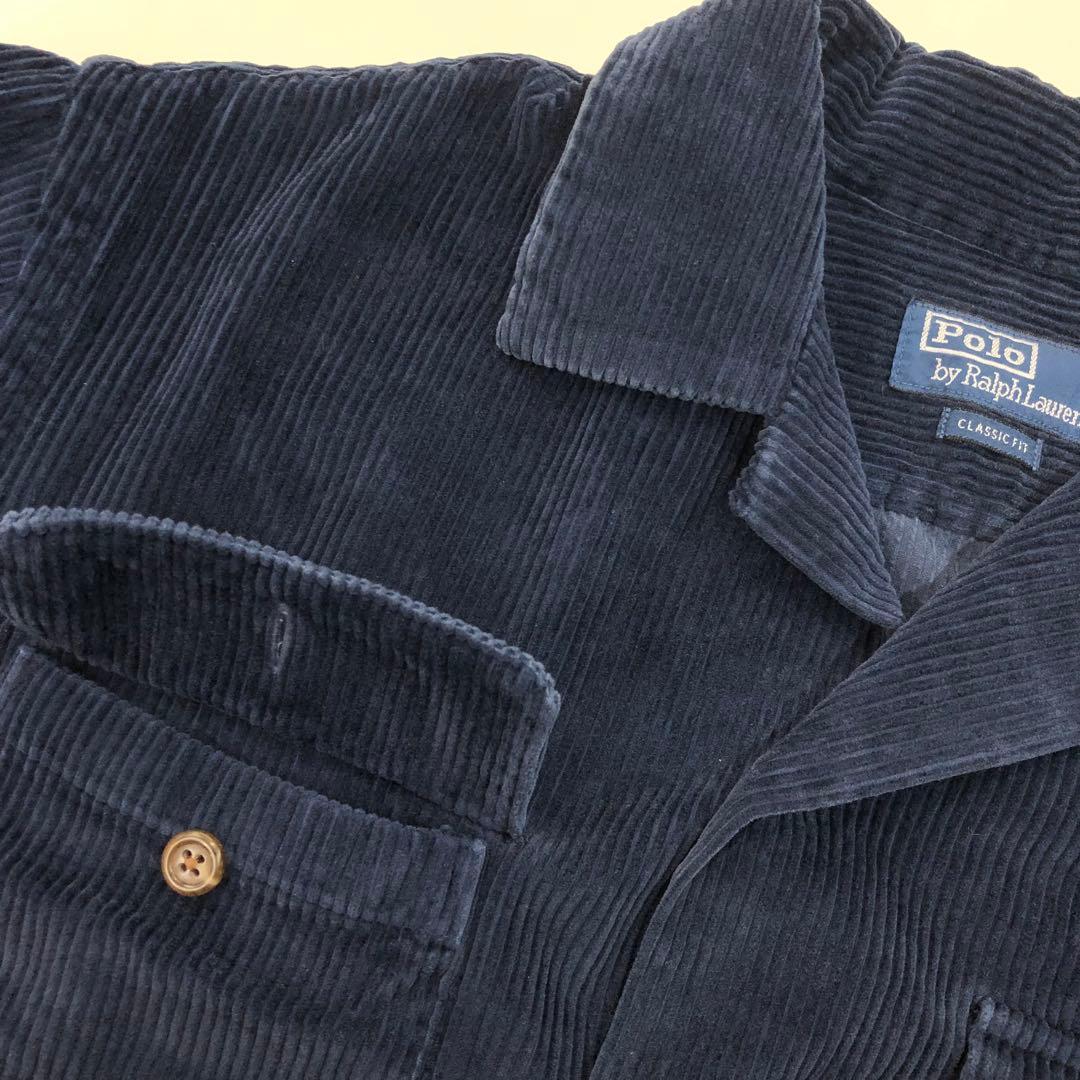 1557 ラルフローレン　コーデュロイ　シャツ　開襟　オープンカラー　ネイビー