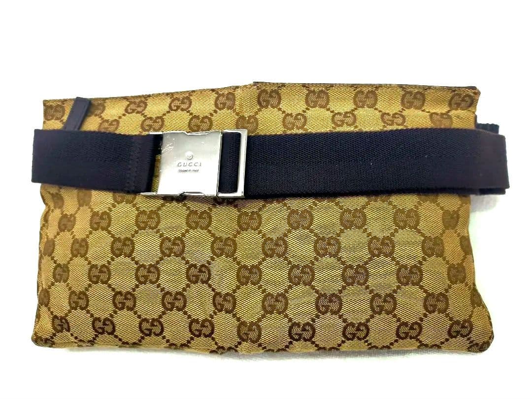 GUCCI グッチ GGキャンバス ボディバッグ レザー ブラウンベージュ