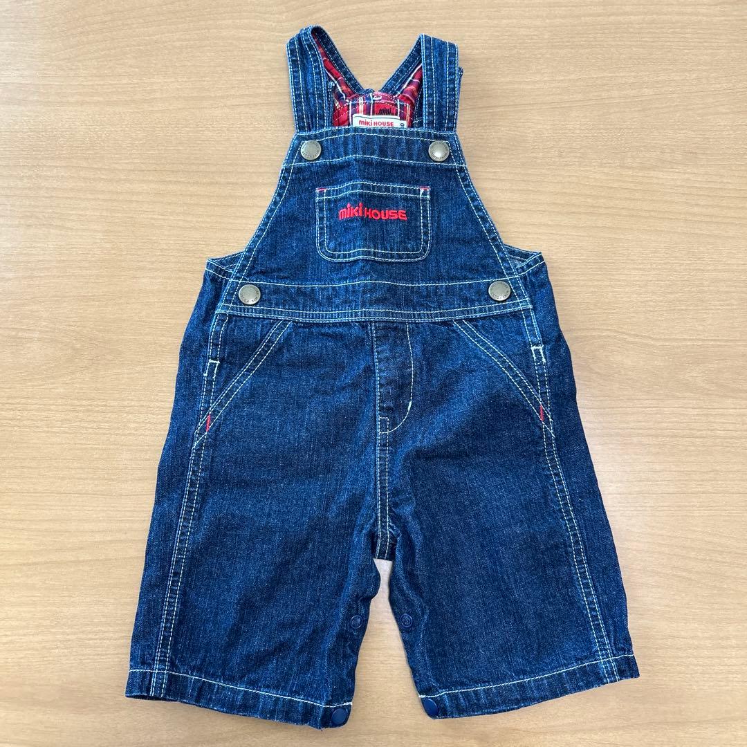 [未使用品]3/26まで値下げ中　ミキハウス デニムオーバーオール七分丈(80)