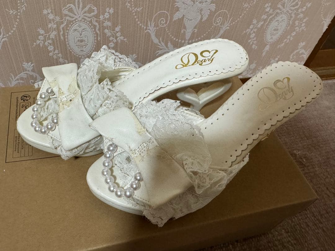 夢展望　deary ホワイトレースパール ハート　ヒール　ミュール