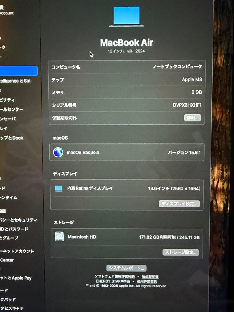【極美品】MacBookAirM3 13.6インチ8GBメモリ 256GBSSD