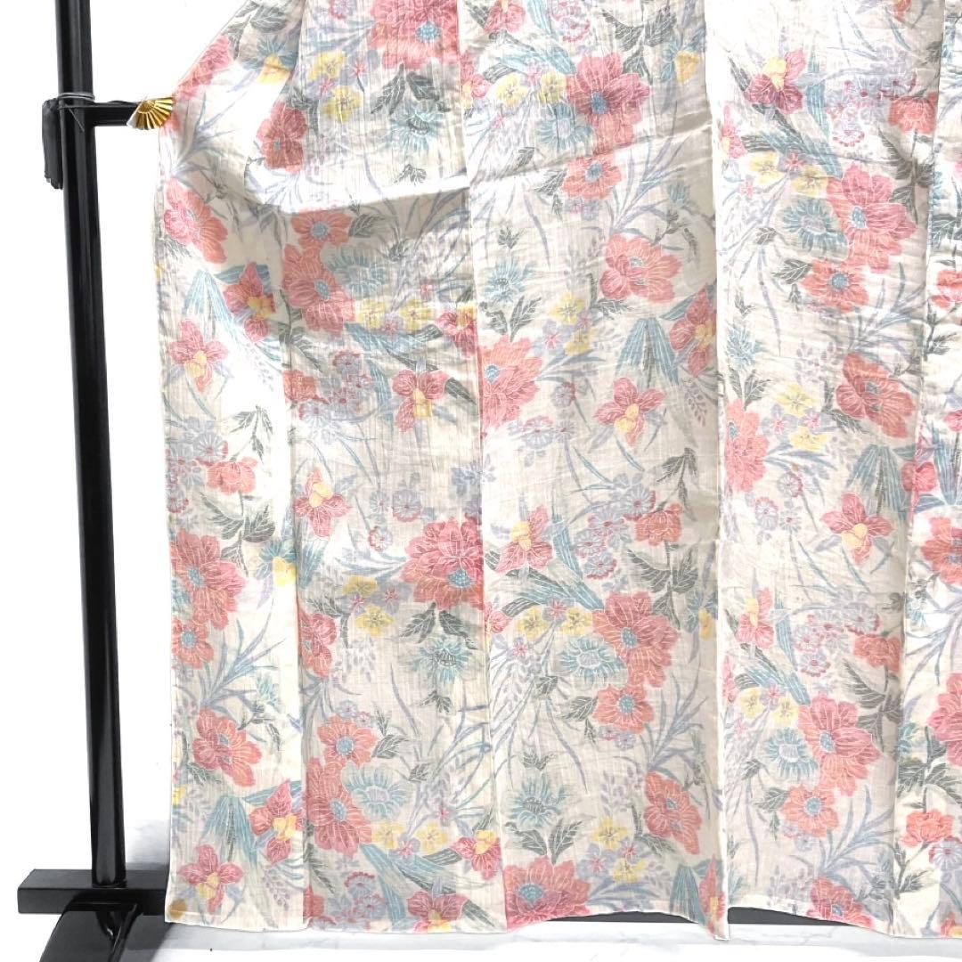 小紋　小千谷ちぢみ　麻　花模様　菊　牡丹　オフホワイト　着物　074a d