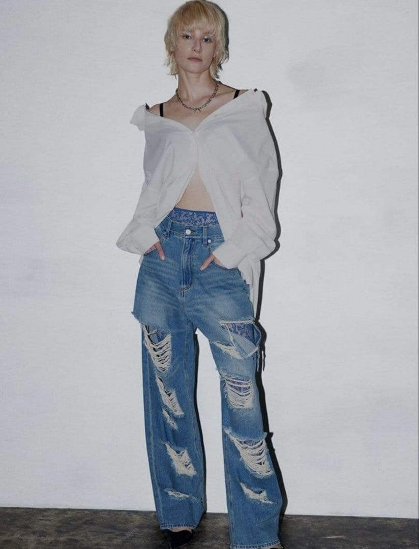 【新品】Ameri WIDE DAMAGE DENIM PANTS 26インチ