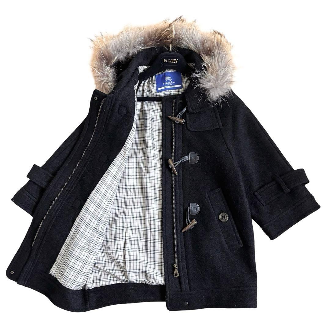 バーバリーブルーレーベル　ポンチョ　黒　ダッフルコート　リアルファー　ホースロゴ
