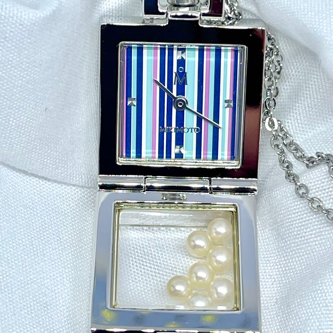 39 ミキモト 7Pパール マルチカラー ストライプ ペンダントウォッチ 稼働品