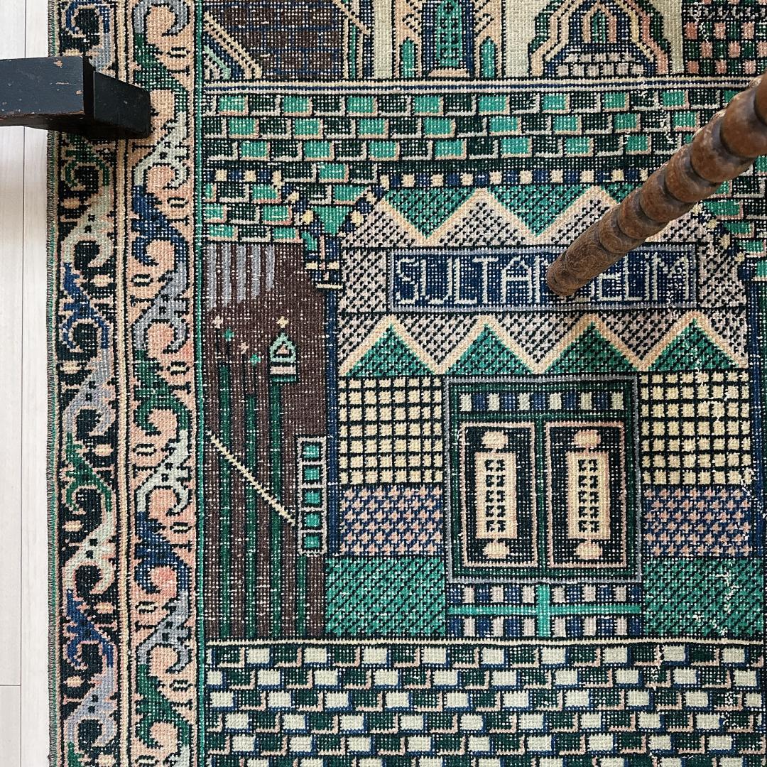 トルコ ヴィンテージラグ A1 レア イエロー グリーン ネイビー ピンク