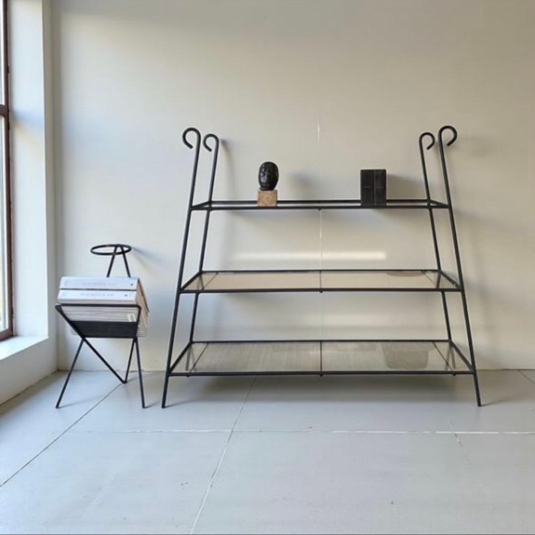 TK【ビンテージ】アイアンスチール 3段 ガラス オープンシェルフ 什器