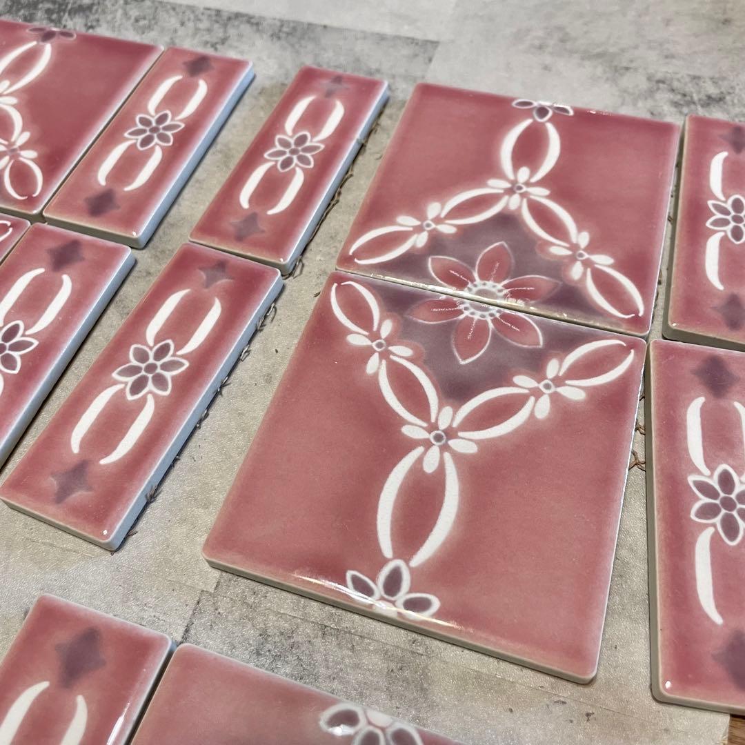 【デッドストック】レトロ くすみピンク6セット お花のタイル ビンテージ