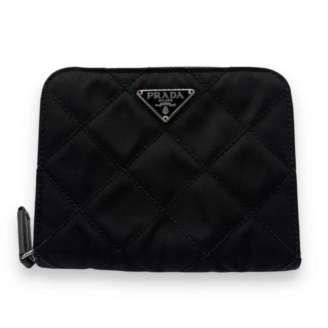 極美品■プラダ ナイロン キルティング ラウンドジップ財布 サフィアーノレザー