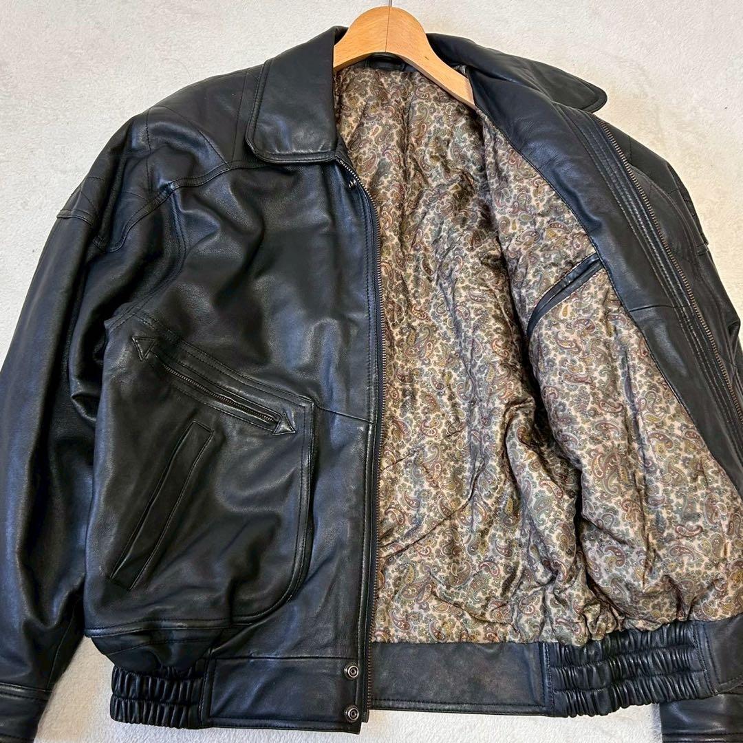 羊革 Lサイズ レザーボンバージャケット ブラック 総裏ペイズリー柄 本革 中綿