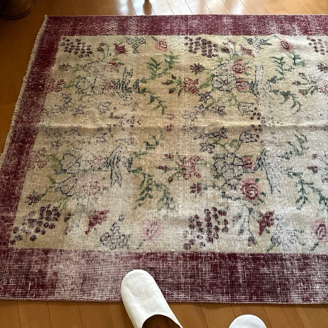 111×207 擦れシャビー　幸せな青い鳥　トルコヴィンテージラグ