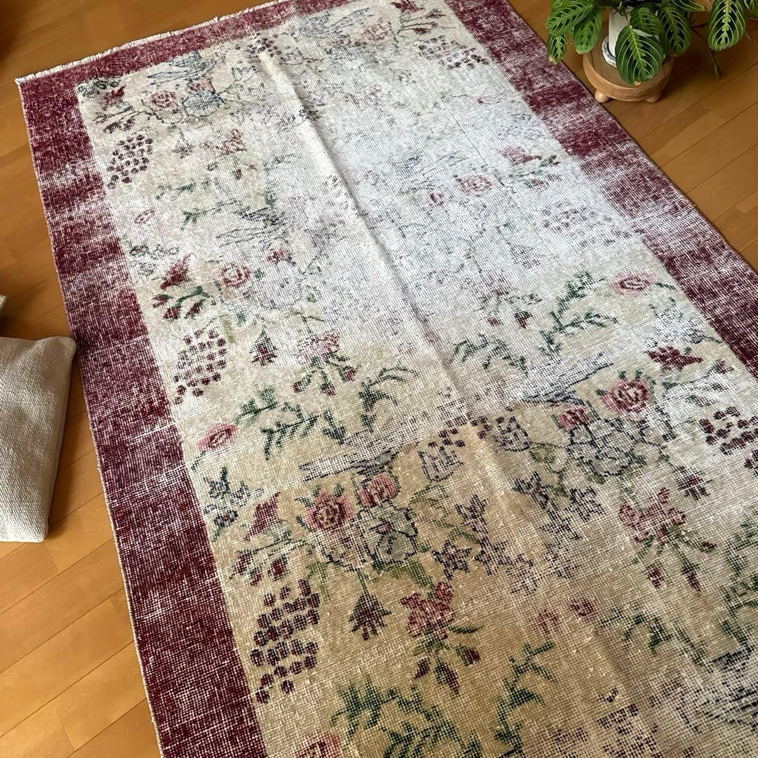 111×207 擦れシャビー　幸せな青い鳥　トルコヴィンテージラグ