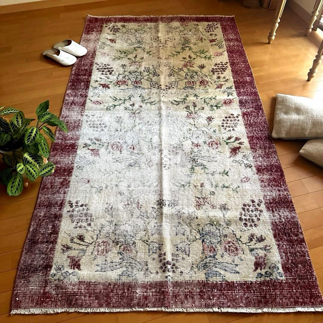 111×207 擦れシャビー　幸せな青い鳥　トルコヴィンテージラグ