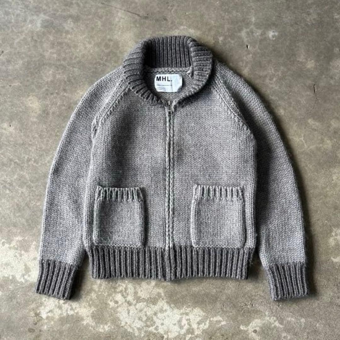 美品 MHL. カウチンニット 厚手 ショールカラー ウール100% グレー