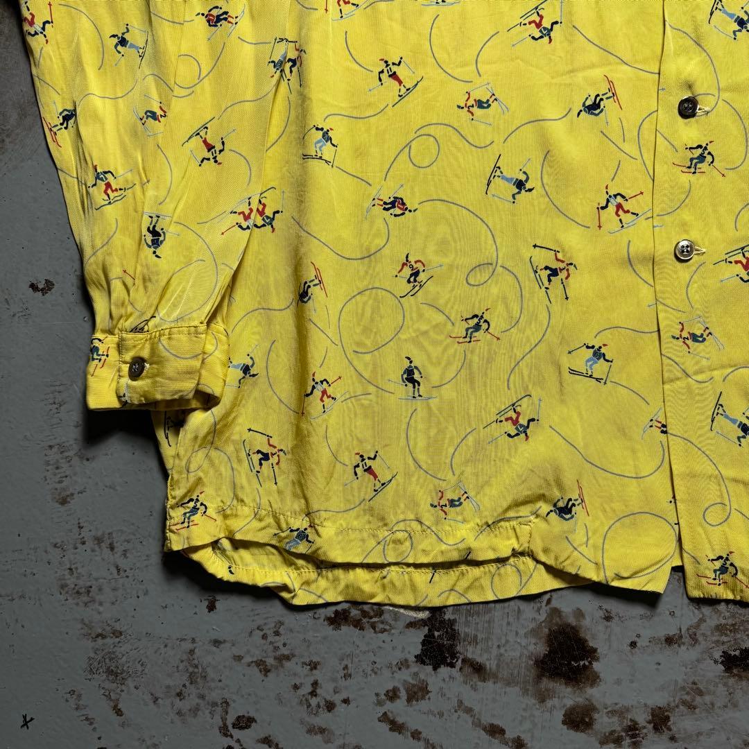 70s 総柄レーヨンシャツ 開襟 フラップ ロカビリー ヒッピー ヴィンテージ