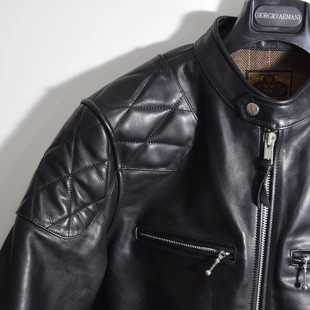イタリア製 馬革 ホースハイド パテッド レザーライダース ジャケット 黒 XL