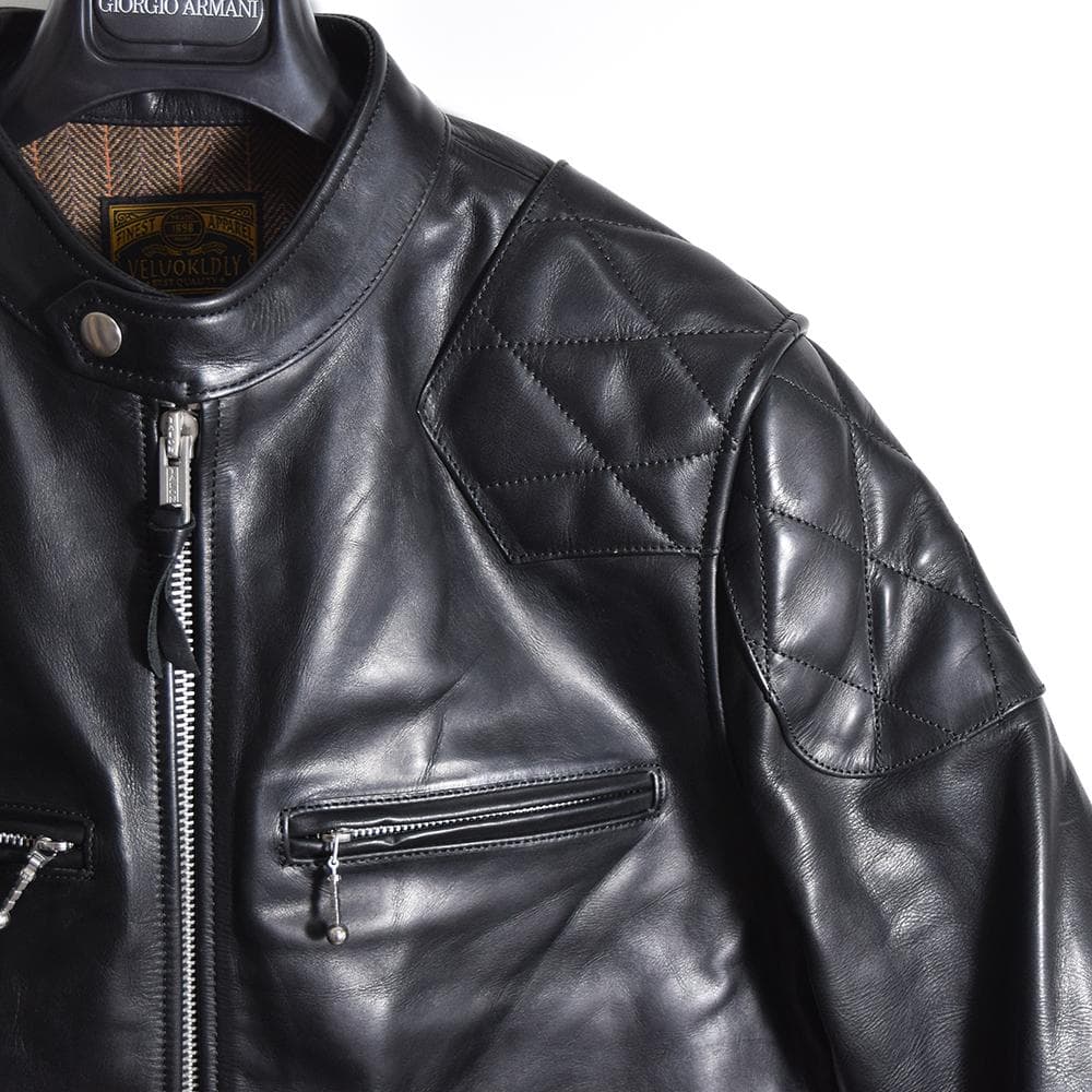 イタリア製 馬革 ホースハイド パテッド レザーライダース ジャケット 黒 XL